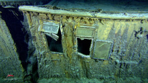 the wreckage of the Titanic, filmed under water